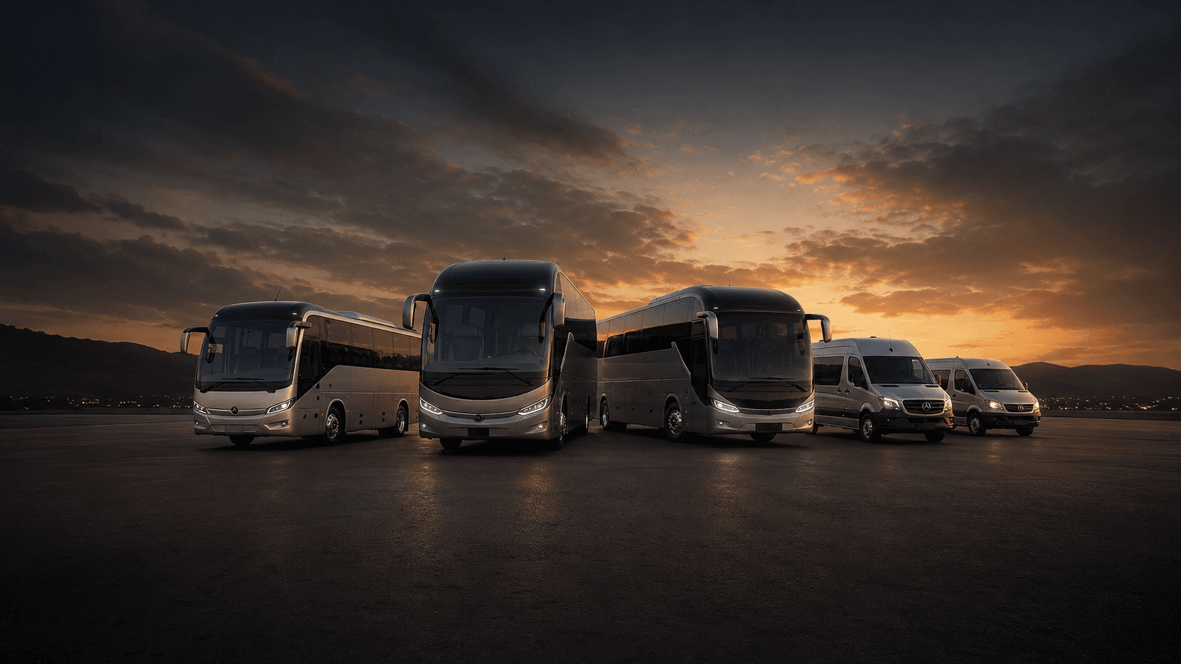 Ônibus, micro-ônibus e vans seminovos ao pôr do sol